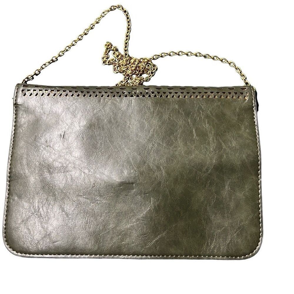 olive green Faux Leather Cutout Chain Strap Convertible Clutch Sling Bag